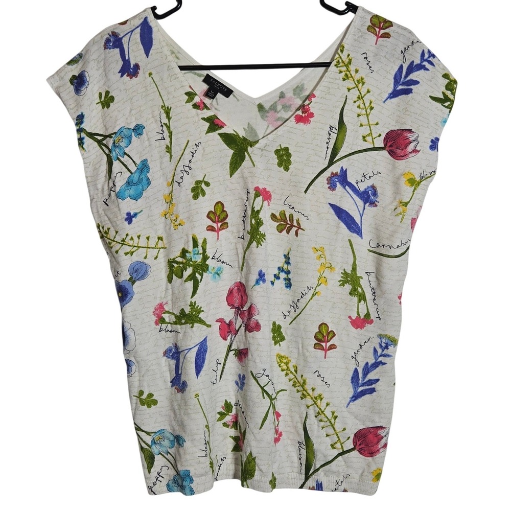 Talbots Floral Short Sleeve Knit Top Petite‎ Large Garden Boho Cottage Summer